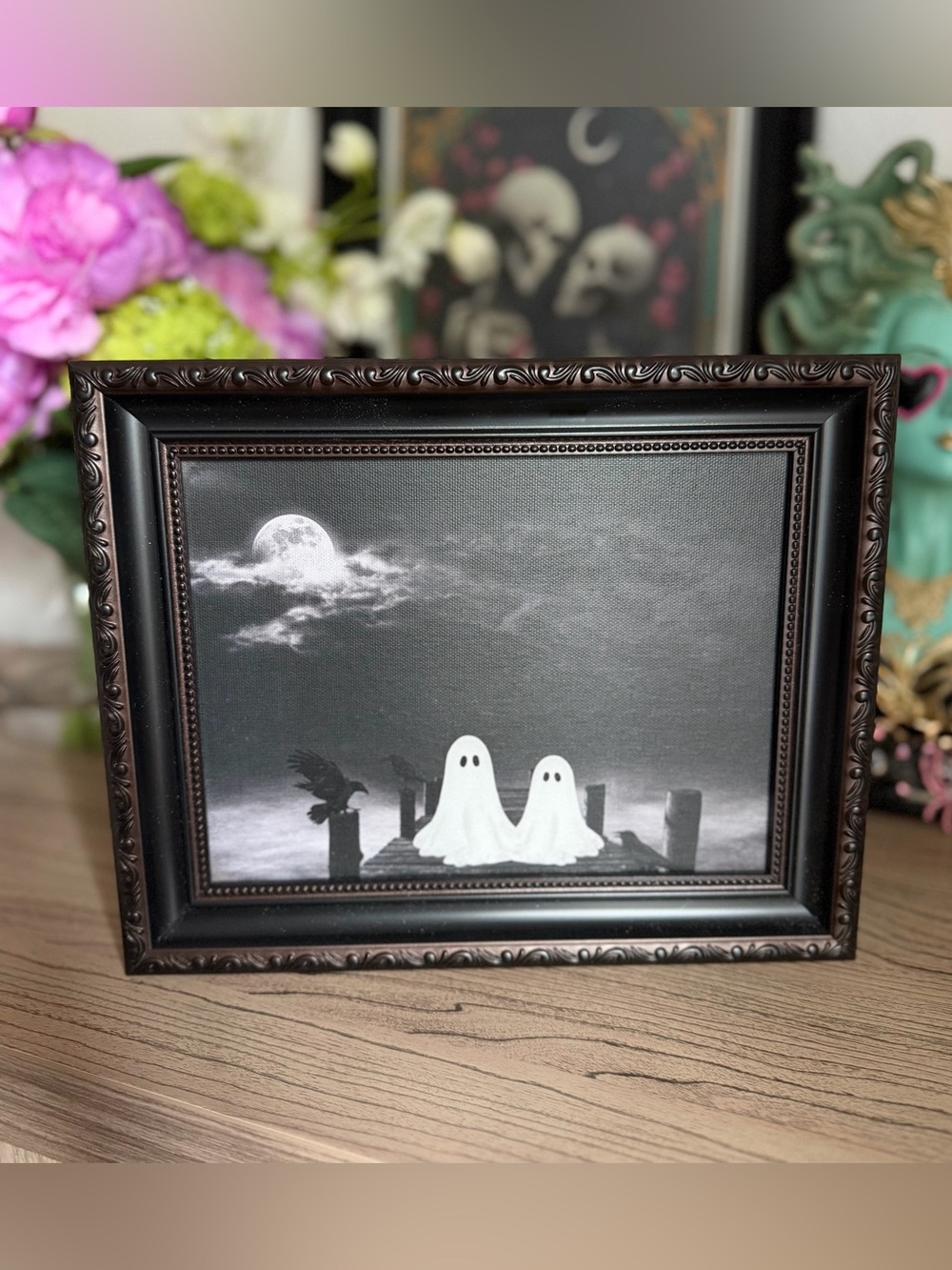 Framed Ghost friends spooky scary moon crow Halloween viral art print decor - Picture 2 of 4